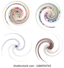 Set of mottled, multi color and colorful spiral, swirl, twirl shapes. Vortex, whorl shape with rotation, spin, coiling distortion effect