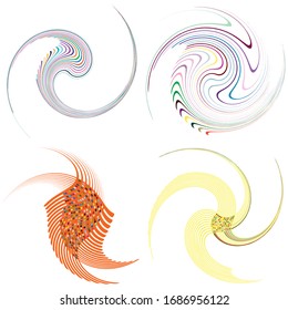 Set of mottled, multi color and colorful spiral, swirl, twirl shapes. Vortex, whorl shape with rotation, spin, coiling distortion effect
