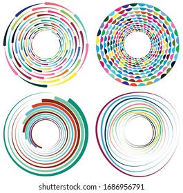 Set of mottled, multi color and colorful spiral, swirl, twirl shapes. Vortex, whorl shape with rotation, spin, coiling distortion effect