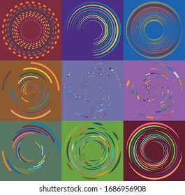 Set of mottled, multi color and colorful spiral, swirl, twirl shapes. Vortex, whorl shape with rotation, spin, coiling distortion effect over colored background, backdrop