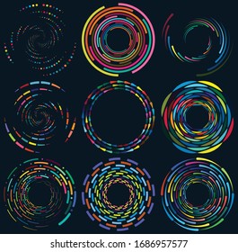 Conjunto de formas en espiral, giratorias, giratorias, multicolores y coloridas. Vórtice, forma de torsión con rotación, giro, efecto de distorsión de la bobina