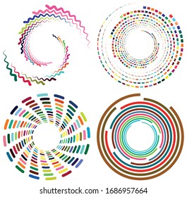 Set of mottled, multi color and colorful spiral, swirl, twirl shapes. Vortex, whorl shape with rotation, spin, coiling distortion effect