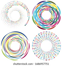 Set of mottled, multi color and colorful spiral, swirl, twirl shapes. Vortex, whorl shape with rotation, spin, coiling distortion effect