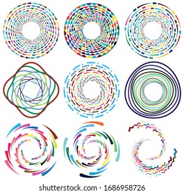 Set of mottled, multi color and colorful spiral, swirl, twirl shapes. Vortex, whorl shape with rotation, spin, coiling distortion effect