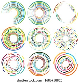 Set of mottled, multi color and colorful spiral, swirl, twirl shapes. Vortex, whorl shape with rotation, spin, coiling distortion effect