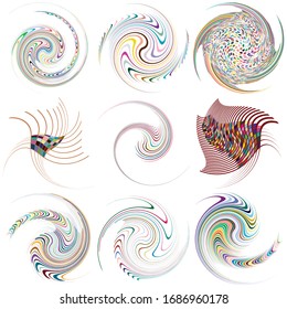 Conjunto de formas en espiral, giratorias, giratorias, multicolores y coloridas. Vórtice, forma de torsión con rotación, giro, efecto de distorsión de la bobina