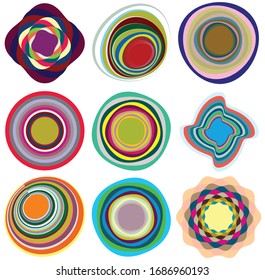 Conjunto de formas en espiral, giratorias, giratorias, multicolores y coloridas. Vórtice, forma de torsión con rotación, giro, efecto de distorsión de la bobina