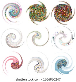 Set of mottled, multi color and colorful spiral, swirl, twirl shapes. Vortex, whorl shape with rotation, spin, coiling distortion effect