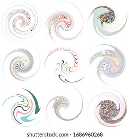 Set of mottled, multi color and colorful spiral, swirl, twirl shapes. Vortex, whorl shape with rotation, spin, coiling distortion effect