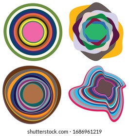 Set of mottled, multi color and colorful spiral, swirl, twirl shapes. Vortex, whorl shape with rotation, spin, coiling distortion effect