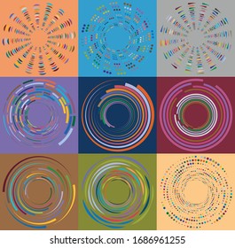 Set of mottled, multi color and colorful spiral, swirl, twirl shapes. Vortex, whorl shape with rotation, spin, coiling distortion effect over colored background, backdrop