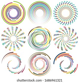 Set of mottled, multi color and colorful spiral, swirl, twirl shapes. Vortex, whorl shape with rotation, spin, coiling distortion effect