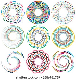 Set of mottled, multi color and colorful spiral, swirl, twirl shapes. Vortex, whorl shape with rotation, spin, coiling distortion effect
