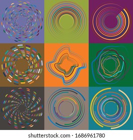 Set of mottled, multi color and colorful spiral, swirl, twirl shapes. Vortex, whorl shape with rotation, spin, coiling distortion effect over colored background, backdrop