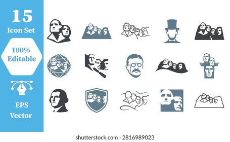 Set of mount rushmore national memorial icons with rushmore monument sculpture