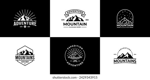 Set of mountain adventure logo design. Vintage emblem badge outdoor symbol vector illustration.