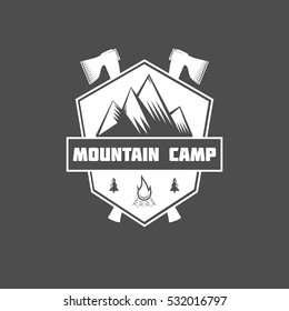 Set of mountain adventure and travel retro emblems. Black and white shields. Camping badges travel logo label graphics badges