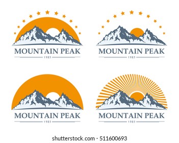 Set of mountain adventures logo and icons. Tourism, hiking, climbing, trekking and camping labels for tourism organizations, outdoor events and leisure activities.