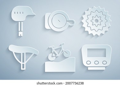 Set Mountain bicycle, Bicycle cassette, seat, speedometer, bell and helmet icon. Vector