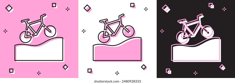 Set Mountain bicycle icon isolated on pink and white, black background. Bike race. Extreme sport. Sport equipment.  Vector