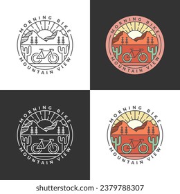 Set of mountain and bicycle monoline or line art style vector illustration