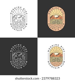 Set of mountain and bicycle monoline or line art style vector illustration