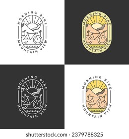 Conjunto de imágenes vectoriales de monolina de montaña y bicicleta o de estilo de arte de línea