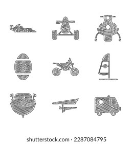 Set Mountain bike, Hang glider, Ambulance and emergency car, Windsurfing, Speedboat, Rugby ball, Snowmobile and Formula 1 racing icon. Vector