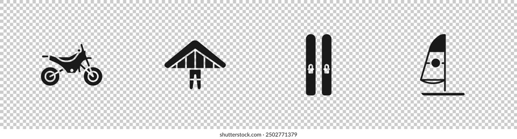 Set Mountain bike, Hang glider, Ski and sticks and Windsurfing icon. Vector