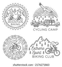 Set of Mountain biking badge, logo, patch. Vector illustration. Concept for shirt or logo, print, stamp or tee. Vintage line art design with man riding bike and mountain silhouette.