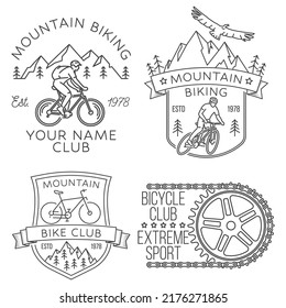 Set of Mountain biking badge, logo, patch. Vector illustration. Concept for shirt or logo, print, stamp or tee. Vintage line art design with man riding bike and mountain silhouette.