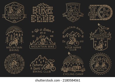 Set of Mountain biking badge, logo, patch. Vector illustration. Concept for shirt or logo, print, stamp or tee. Vintage line art design with man riding bike and mountain silhouette.