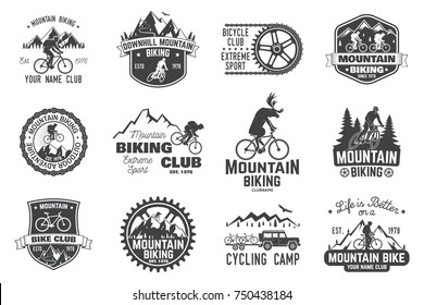 Set of Mountain biking clubs collection. Vector illustration. Concept for head badges, shirt, print, stamp or biking tourism. Design with forest, mountains and deer rides a mountain bike silhouette.