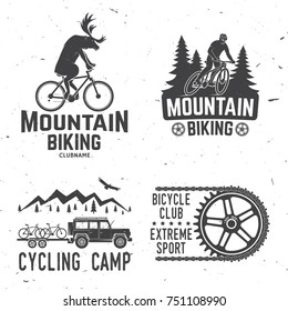 Set of Mountain biking clubs collection. Vector illustration. Concept for head badges, shirt, print, stamp or biking tourism. Design with forest, mountains and deer rides a mountain bike silhouette.