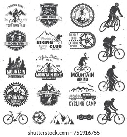 Set of Mountain biking clubs collection. Vector illustration. Concept for head badges, shirt, print, stamp or biking tourism. Design with forest, mountains and deer rides a mountain bike silhouette.