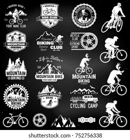 Set of Mountain biking clubs collection. Vector illustration. Concept for head badges, shirt, print, stamp or biking tourism. Design with forest, mountains and deer rides a mountain bike silhouette.