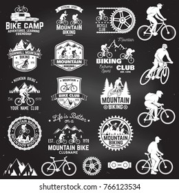 Set of Mountain biking clubs emblem with design element. Vector illustration. Concept for head badges, shirt, print. Mountain biking man riding on bikes silhouette. Chalk drawing on a blackboard