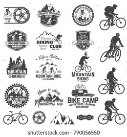 Set of Mountain biking clubs emblem with design element. Vector illustration. Concept for head badges, shirt, print, stamp. Mountain biking man riding on bikes silhouette. Outdoor sport activity.