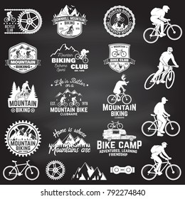 Set of Mountain biking clubs emblem with design element on the chalkboard. Vector. Concept for head badges, shirt, print, stamp. Mountain biking man riding on bikes silhouette. Outdoor sport activity.