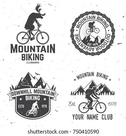 Set of Mountain biking clubs. Vector illustration. Concept for head badges, shirt, print, stamp or biking tourism. Vintage design with forest, mountains and deer rides a mountain bike silhouette.