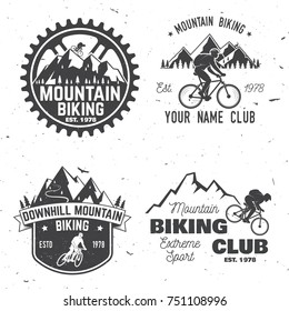 Set of Mountain biking clubs. Vector illustration. Concept for head badges, shirt, print, stamp or biking tourism. Vintage typography design with forest, mountain bikes silhouette.