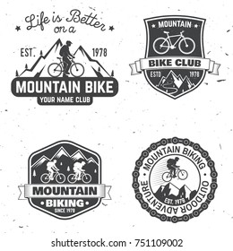 Set of Mountain biking clubs. Vector illustration. Concept for head badges, shirt, print, stamp or biking tourism. Vintage typography design with forest, mountain bikes silhouette.