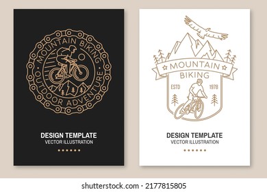 Set of Mountain biking flyer, brochure, banner, poster. Vector illustration. Concept for shirt or logo, print, stamp or tee. Vintage line art design with man riding bike and mountain silhouette.