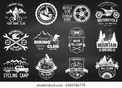 Set of Mountain biking and motorcycle hill climb logo collection on the chalkboard. Vector.
