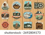 Set of Mountain biking patch, sticker. Vector illustration. Concept for shirt or logo, print, stamp or tee. Vintage typography design with man riding bike and mountain silhouette.