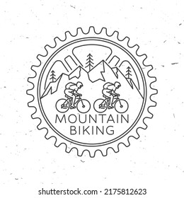 Set of Mountain bikings clubs. Vector illustration. Concept for shirt or logo, print, stamp or biking tourism. Vintage line art design with forest, mountain bikes silhouette. Outdoor adventure.