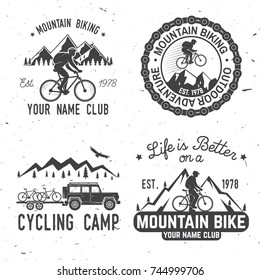 Set of Mountain bikings clubs. Vector illustration. Concept for shirt or logo, print, stamp or biking tourism. Vintage typography design with car and trailer, mountain bikes and mountain silhouette.