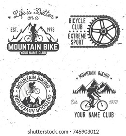 Set of Mountain bikings clubs. Vector illustration. Concept for shirt or logo, print, stamp or biking tourism. Vintage typography design with car and trailer, bikes and mountain silhouette.