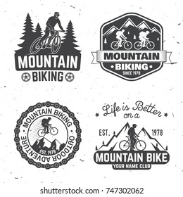 Set of Mountain bikings clubs. Vector illustration. Concept for shirt or logo, print, stamp or biking tourism. Vintage typography design with forest, mountain bikes silhouette.