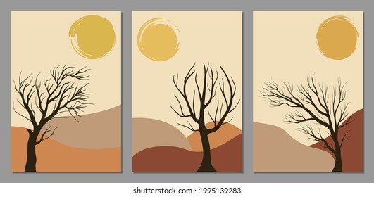 Set of Mountain and Botanical wall art, Abstract tree Mountain art for wall decoration, postcard or brochure design. Vector illustration.